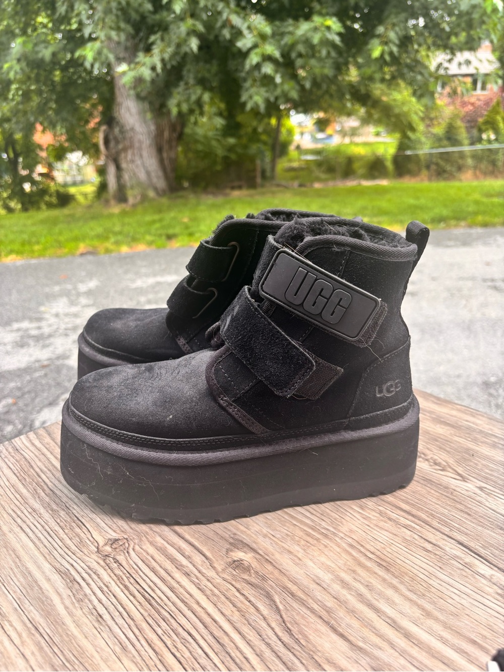 UGG Kids Black Suede Platform Velcro Ankle Boots